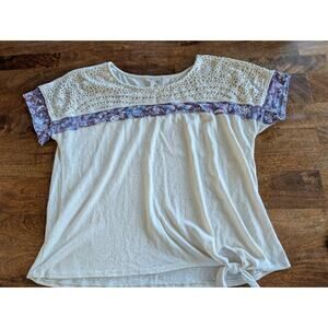 CATO Women's Top Blouse Shirt Top Size XL Crochet Short Sleeve Side Tie Boho EUC